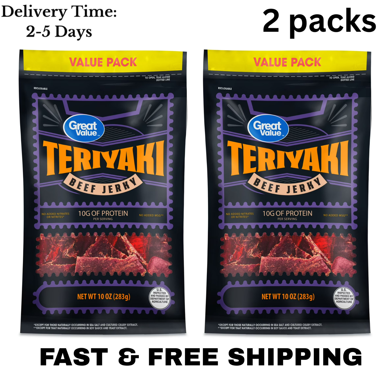 2 Pack Great Value Teriyaki Beef Jerky Value Pack, 10 oz