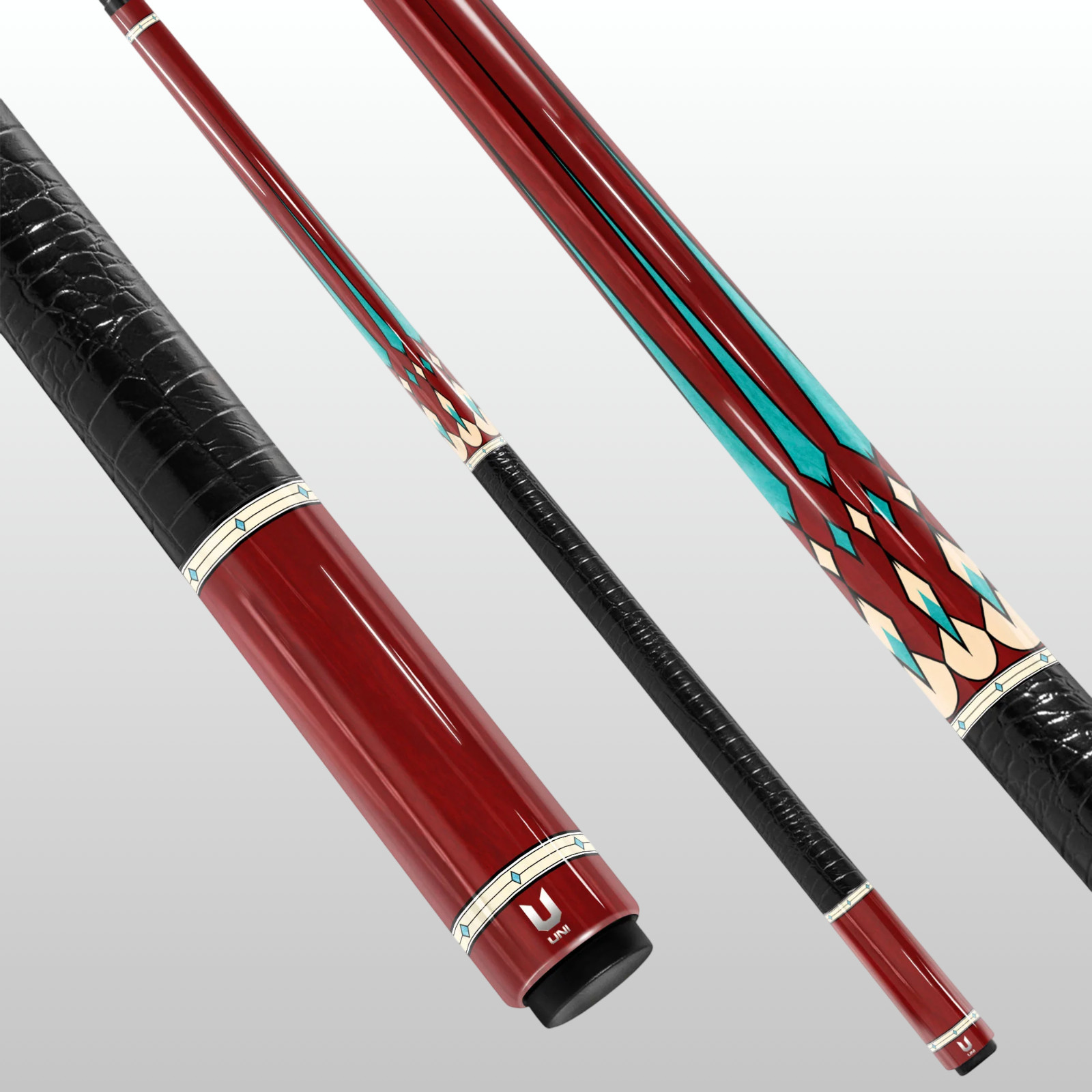 Crimson Rosewood Carbon Fiber Pool Cue - Turquoise Point Inlay & Royal Heritage
