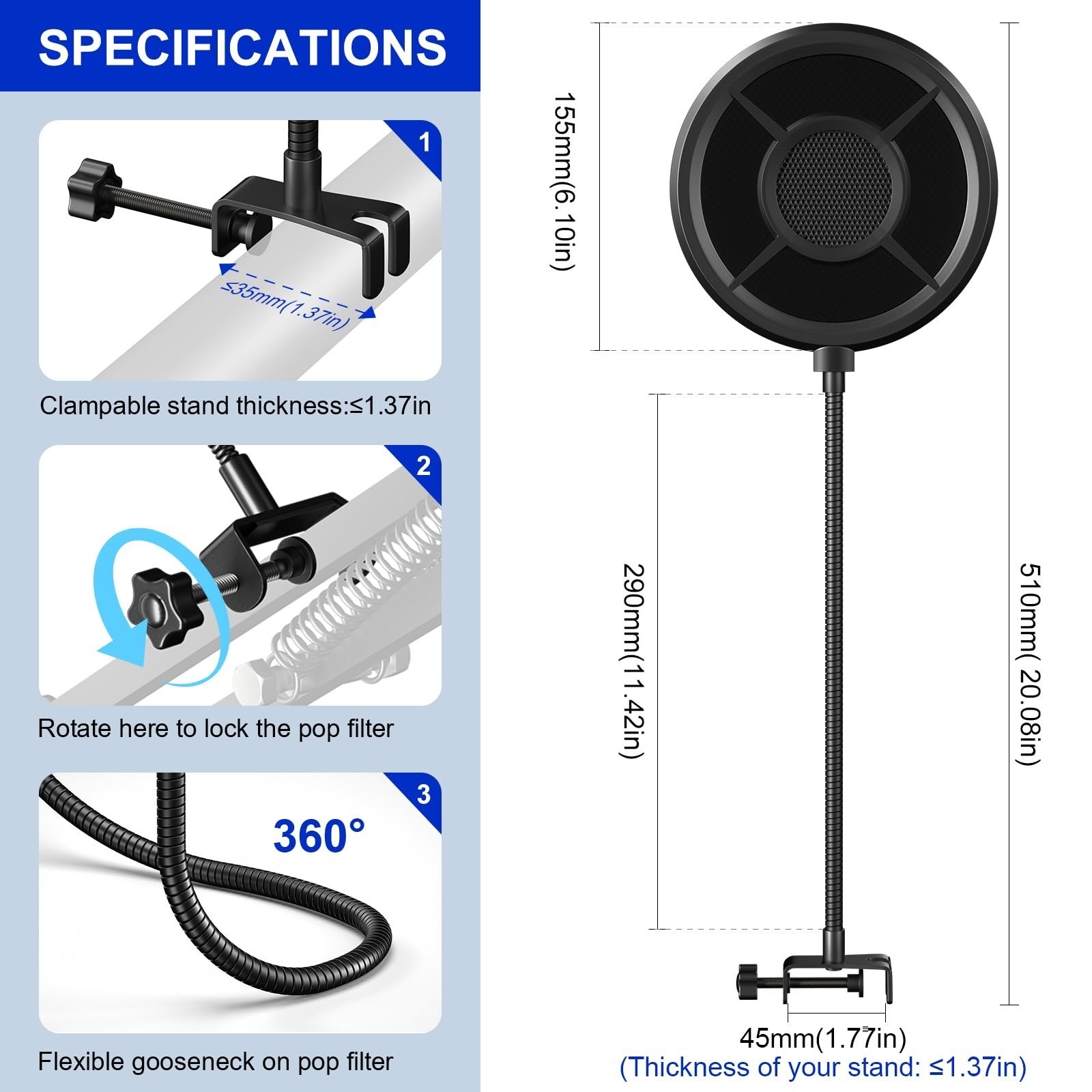 Aokeo Pop Filter Microphone Shield with Adjustable Gooseneck Clip