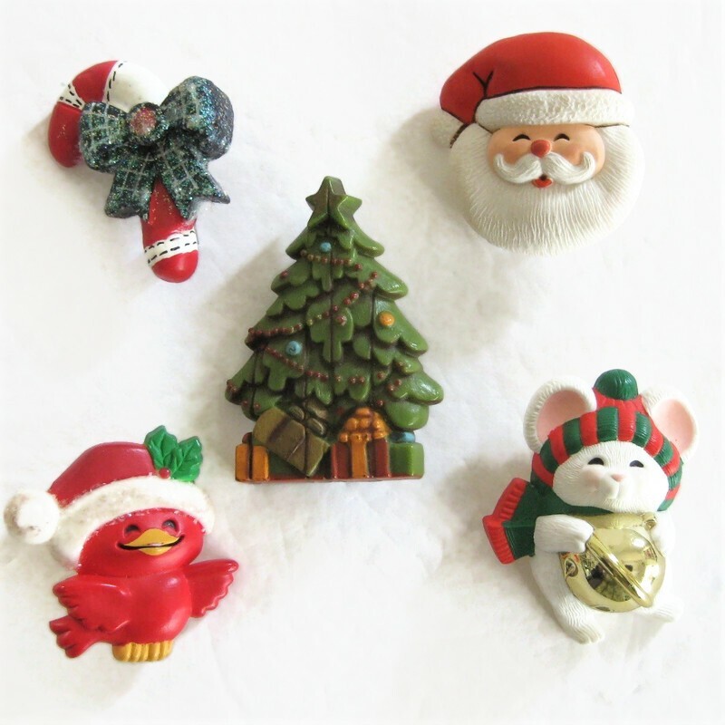 5 Holiday Pins Hallmark and Other Christmas Tree Red Bird Santa