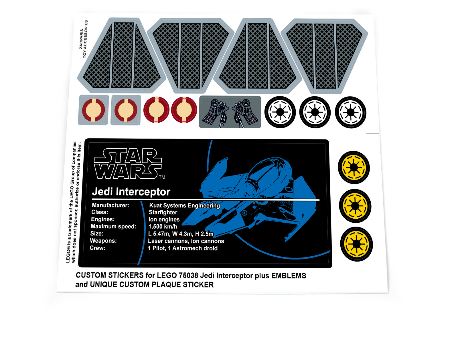 CUSTOM STICKERS for Set 75038 Jedi Interceptor , MODELS, Etc + BONUS EXTRAS