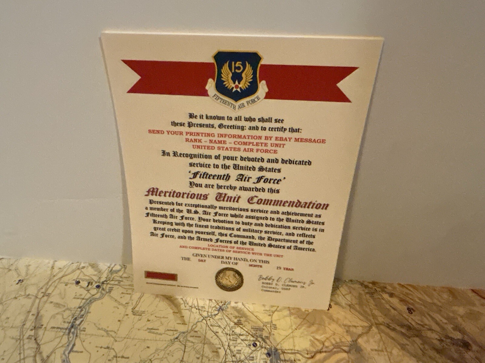 U.S. AIR FORCE / 15TH AIR FORCE - MERITORIOUS UNIT COMMENDATION CERTIFICATE