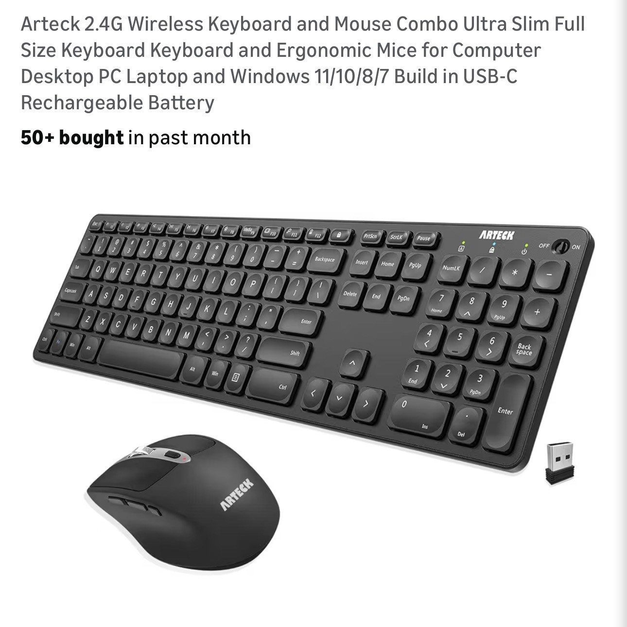 Wireless Keyboard & Mouse Combo Arteck 2.4GHz USB Receiver PC Windows NEW