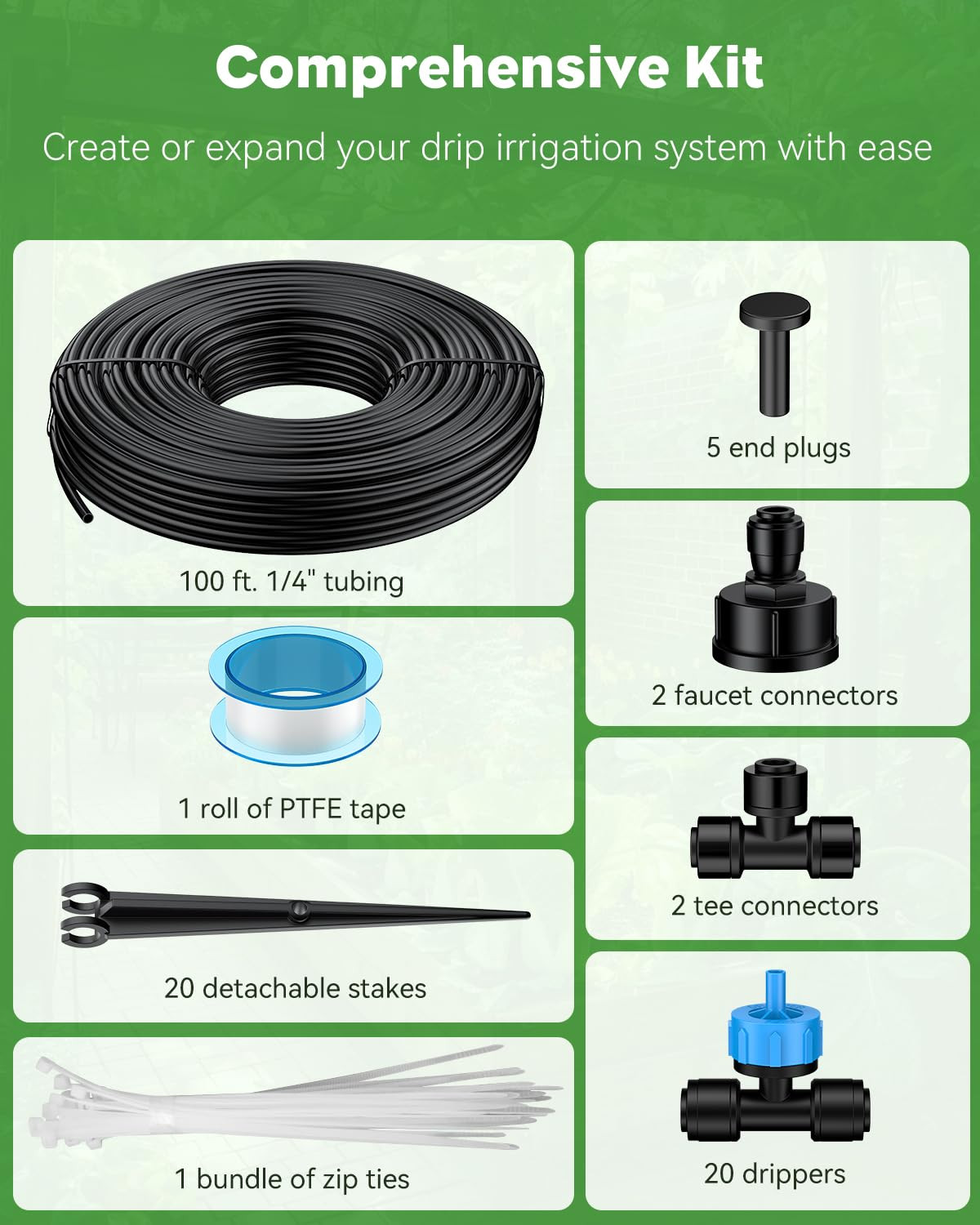 Drip Irrigation Kit, Quick-Connect 100 Ft. Drip Irrigation System with 1/4" Tubi