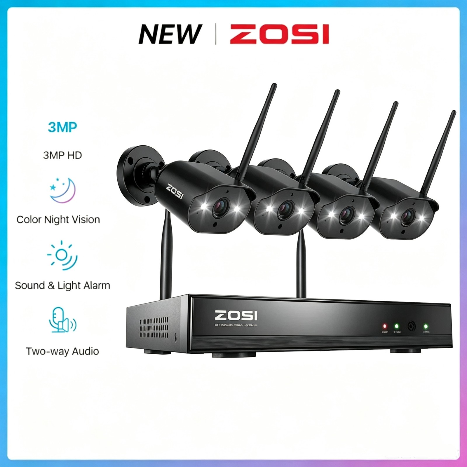 ZOSI 3MP WIFI Security IP Camera System Outdoor System 2K WiFi Home Audio NVR
