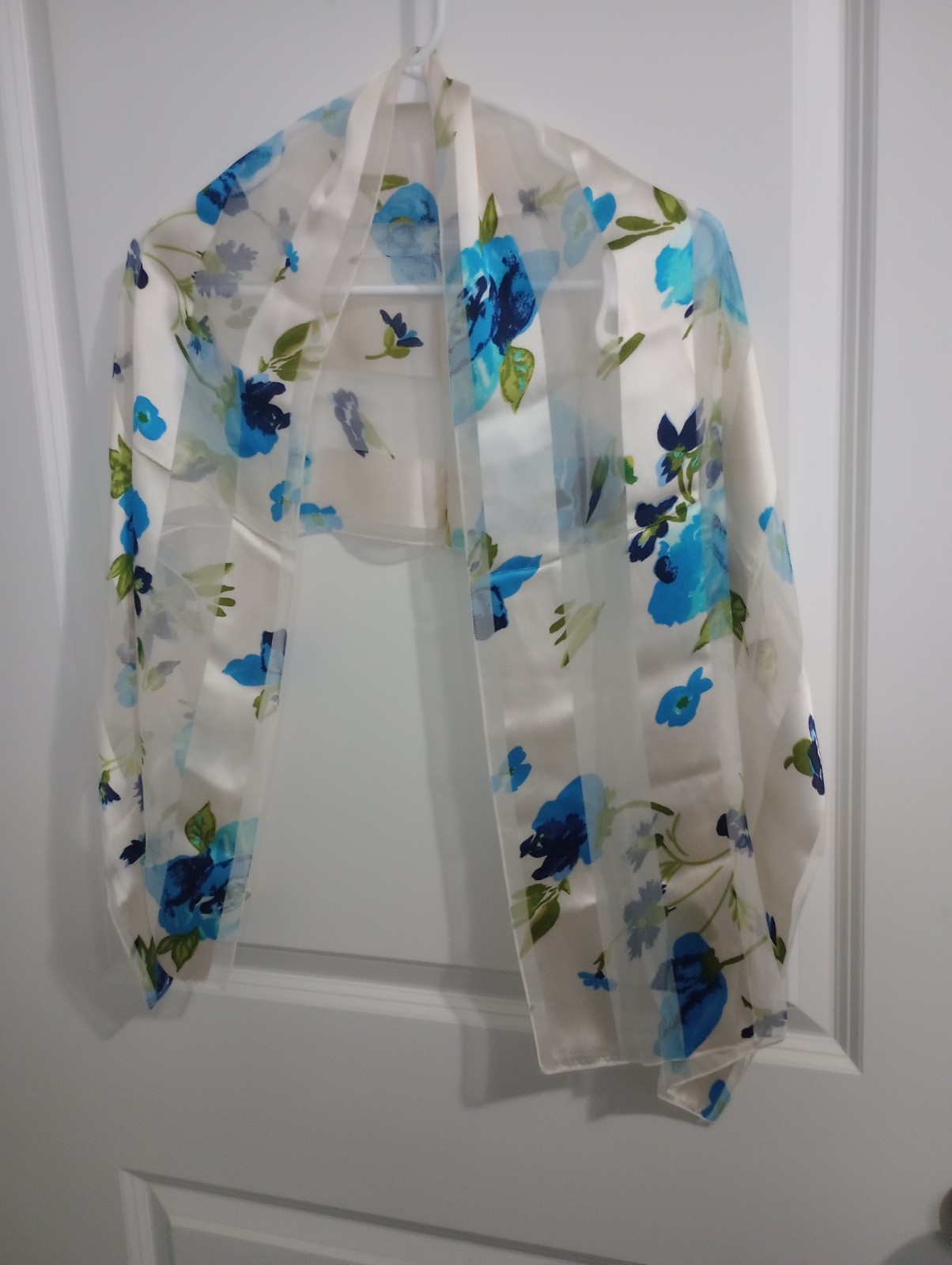 Vintage Sheer Blue Floral Chiffon Scarf Long Oblong Neck Scarf Ivory Lightweight