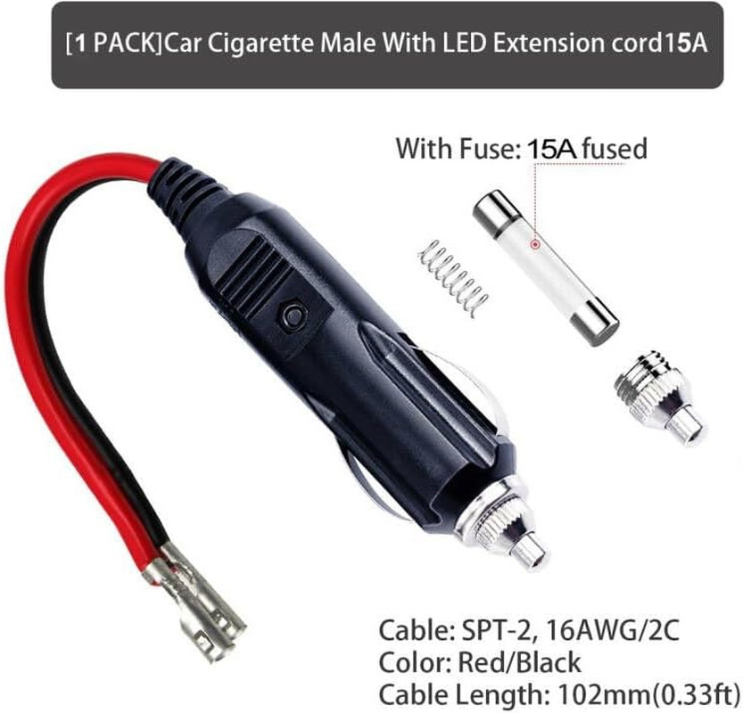 KUNCAN Replacement Cigarette Lighter Plug - 12 Volt Male Cigar Plug with Leads C