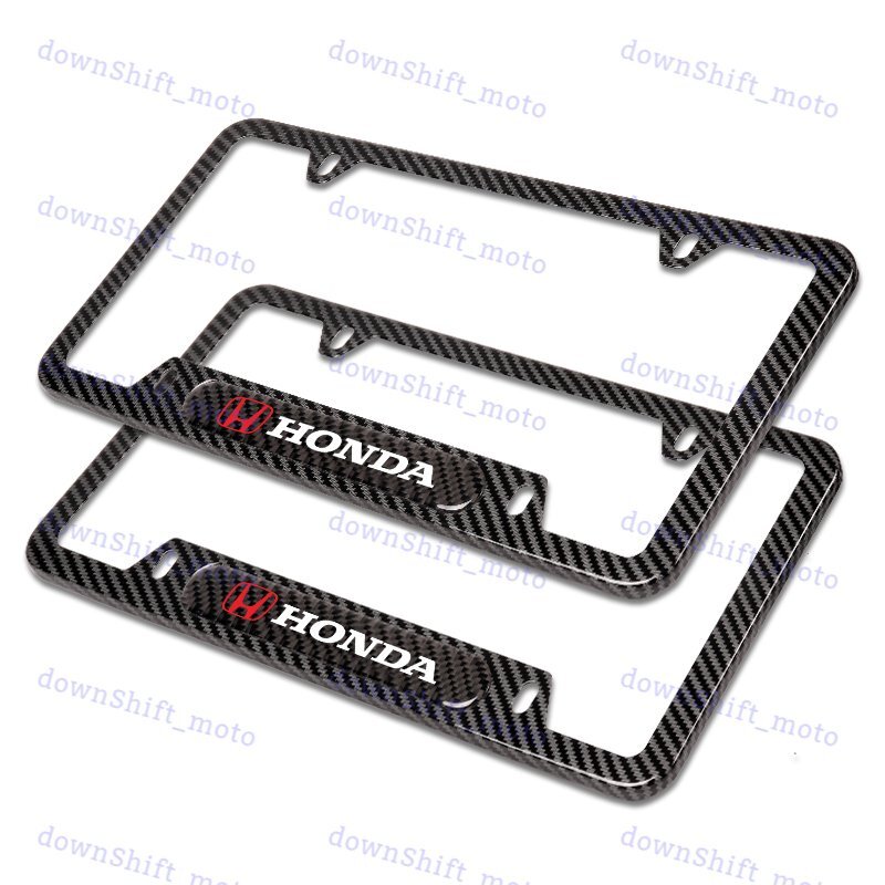 2PCS For HONDA LOGO Black Carbon Fiber Metal Stainless Steel License Plate Frame