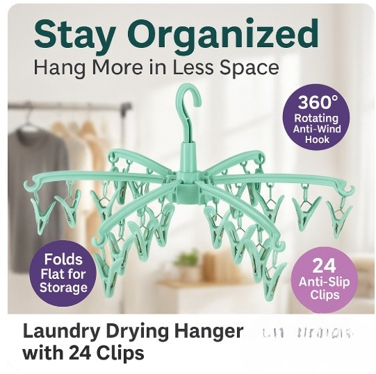 Rotating Clothes Drying Rack with 24 Clips Foldable Sock Hanger for Laundry