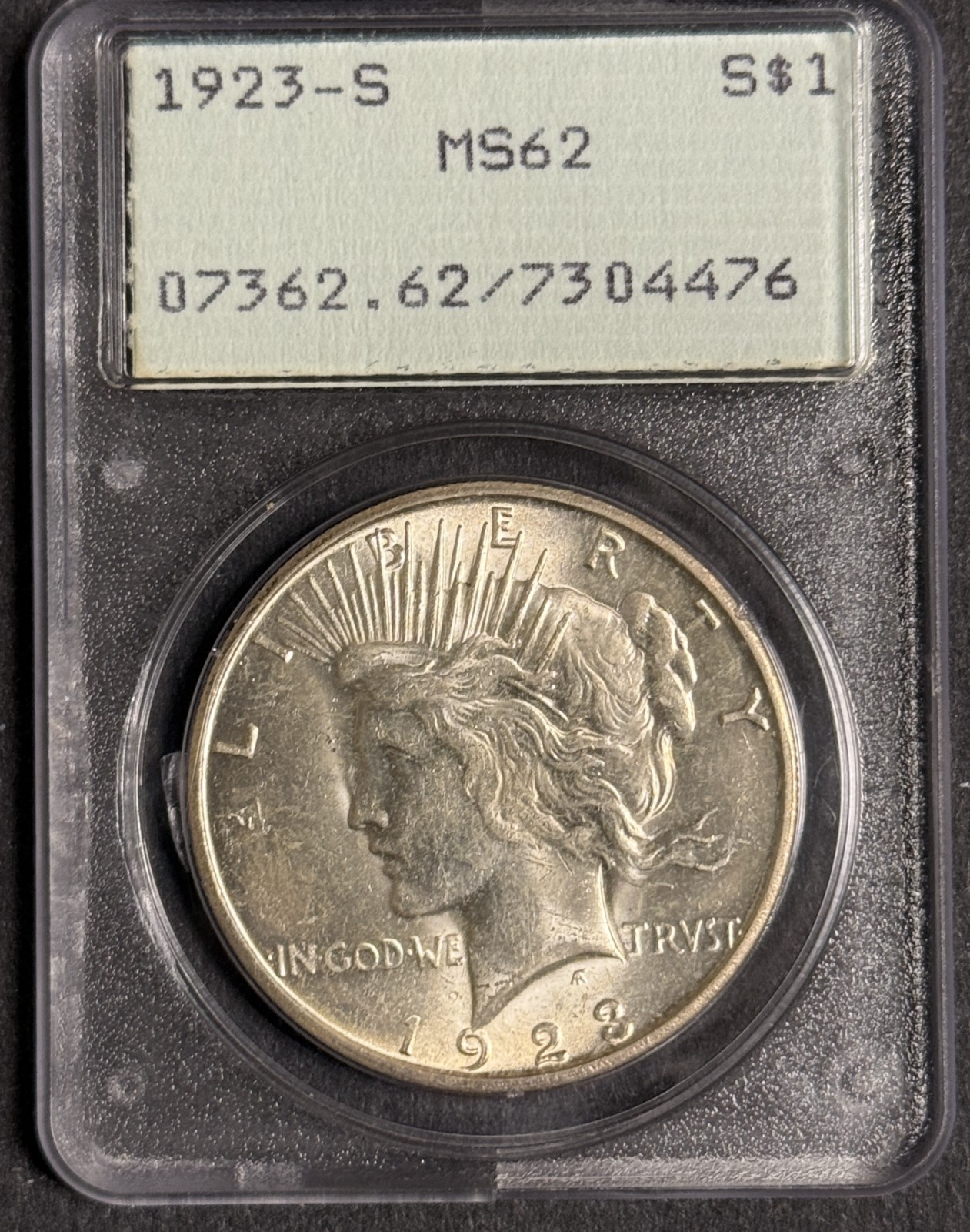 1923-S Peace Silver Dollar, MS62 PCGS, Rattler Holder (12430)