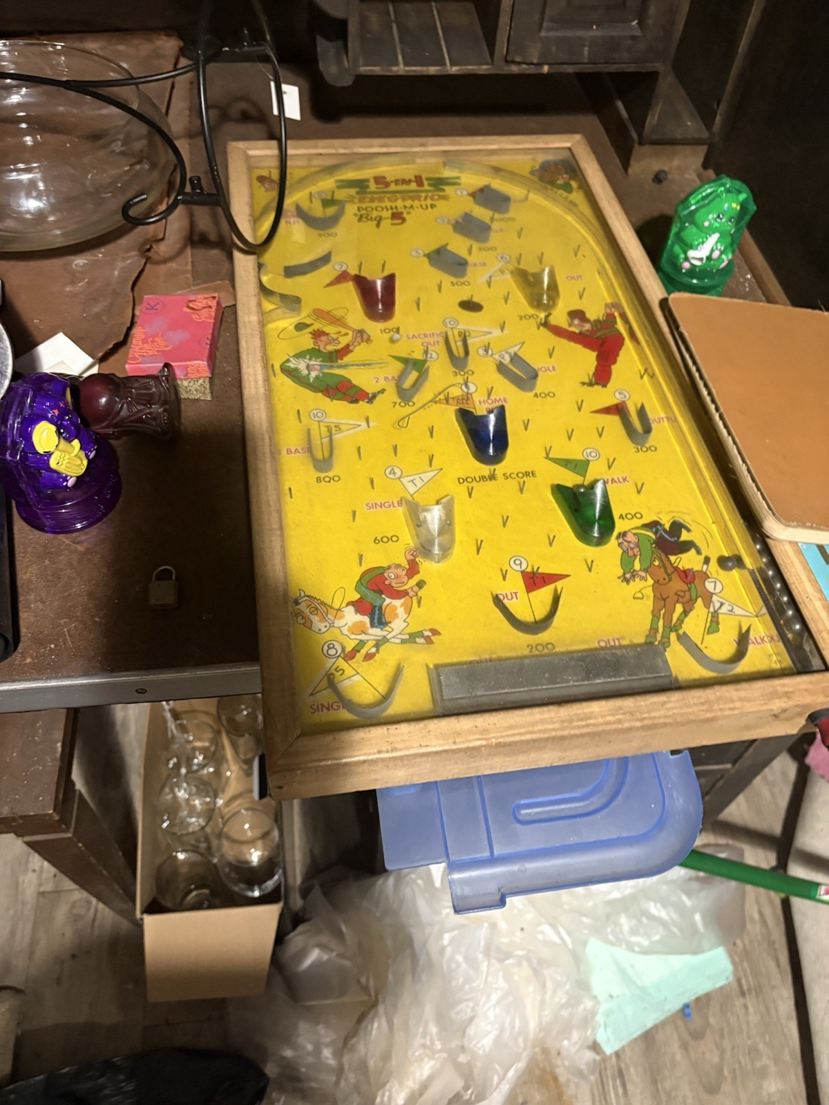 Vintage Wood Tabletop Bagatelle Pinball Game Board, Yellow Playfield