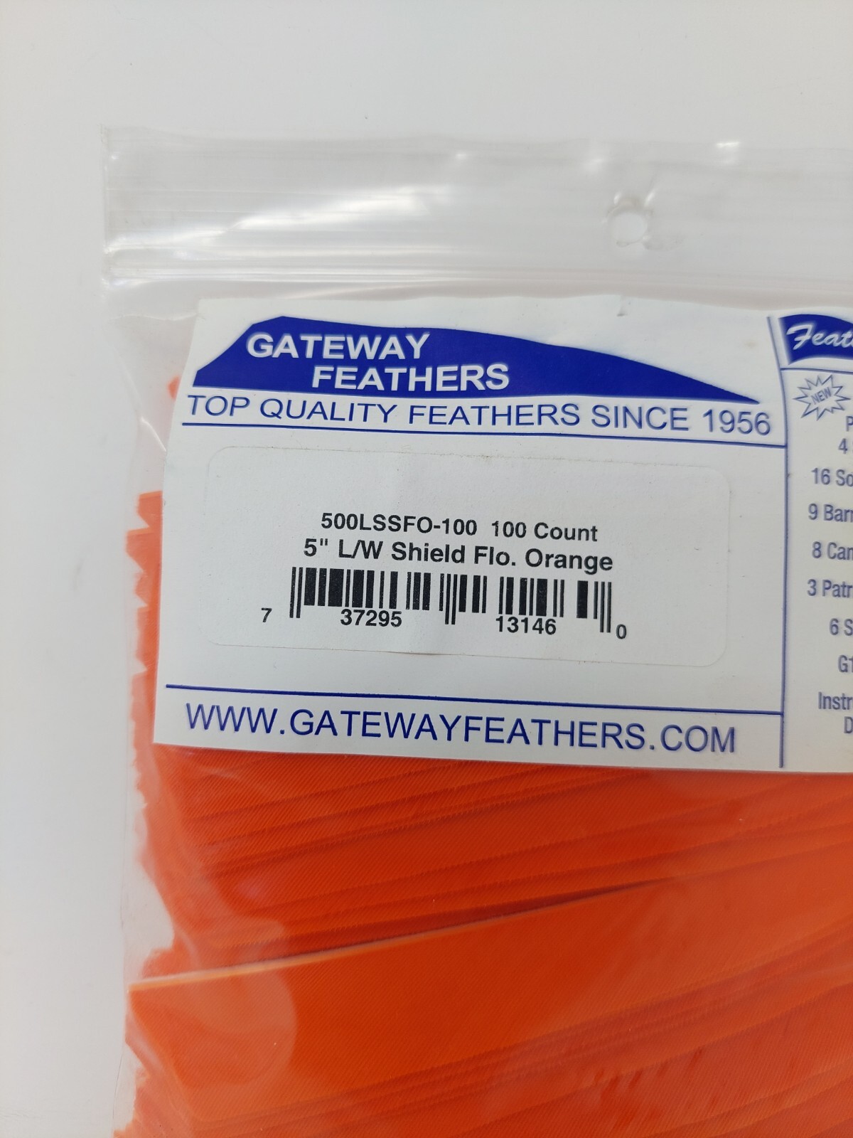 100pk Gateway Feathers 5" Left Wing: Shield Flo. Florescent Orange 500LSSFO-100