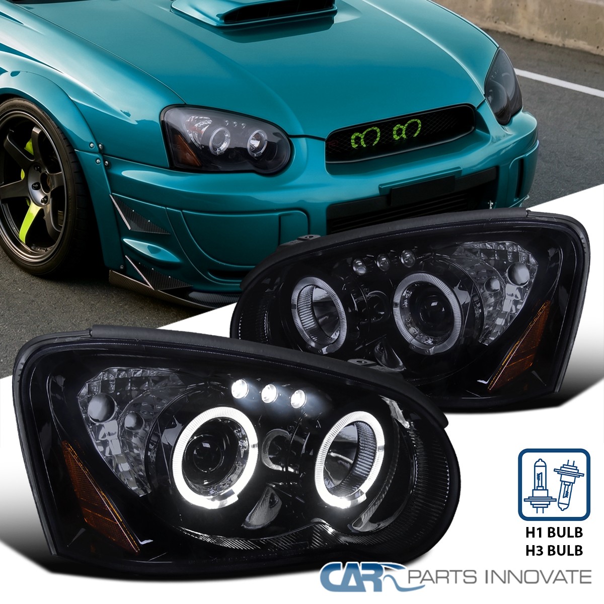 Fit 2004-2005 Subaru Impreza WRX Piano Black LED Halo Projector Headlights 04-05