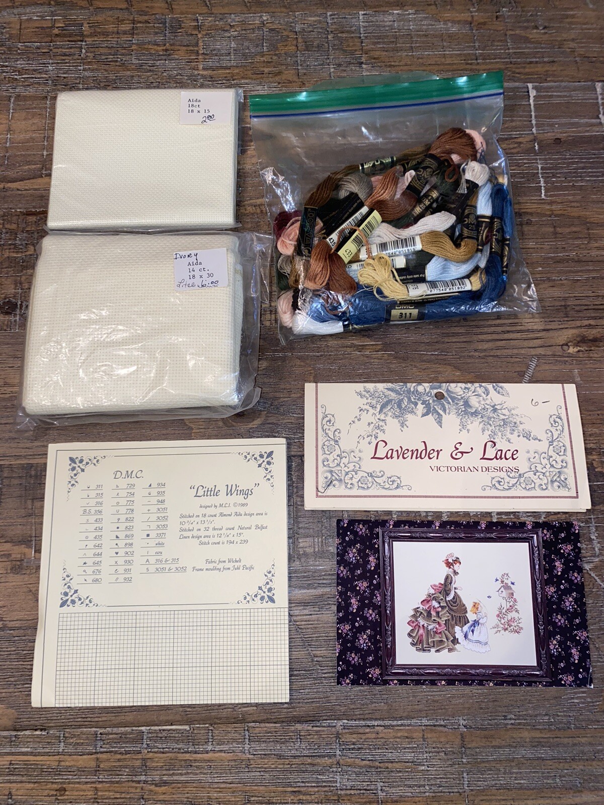 Lavender & Lace cross stitch Little Wings chart, Aida, And 19 Embroidery Floss