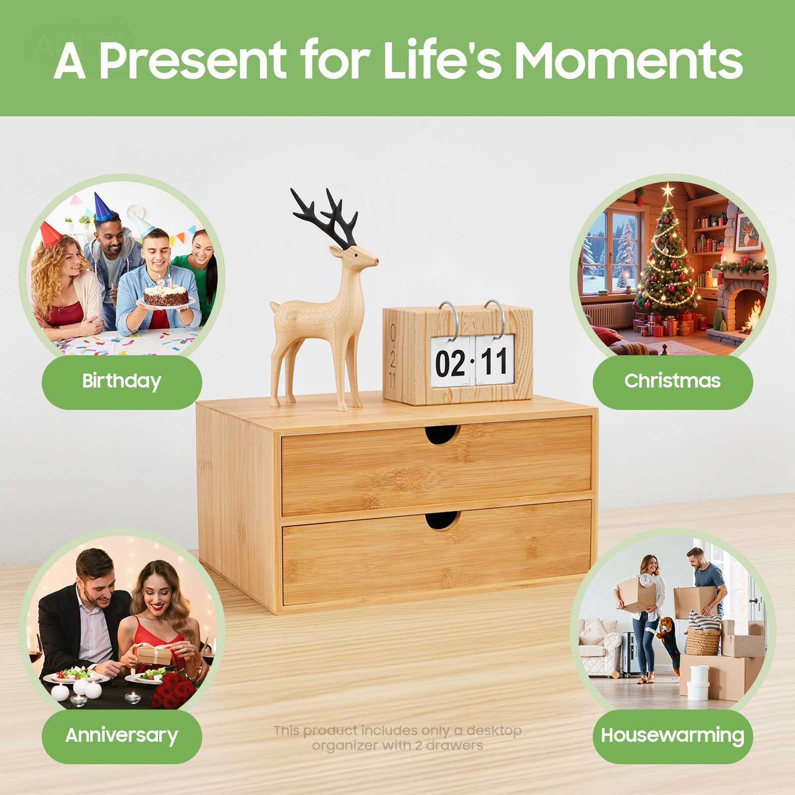 Small Bamboo Organizer for Desk, Tabletop Storage Organization Box with 2 Drawer