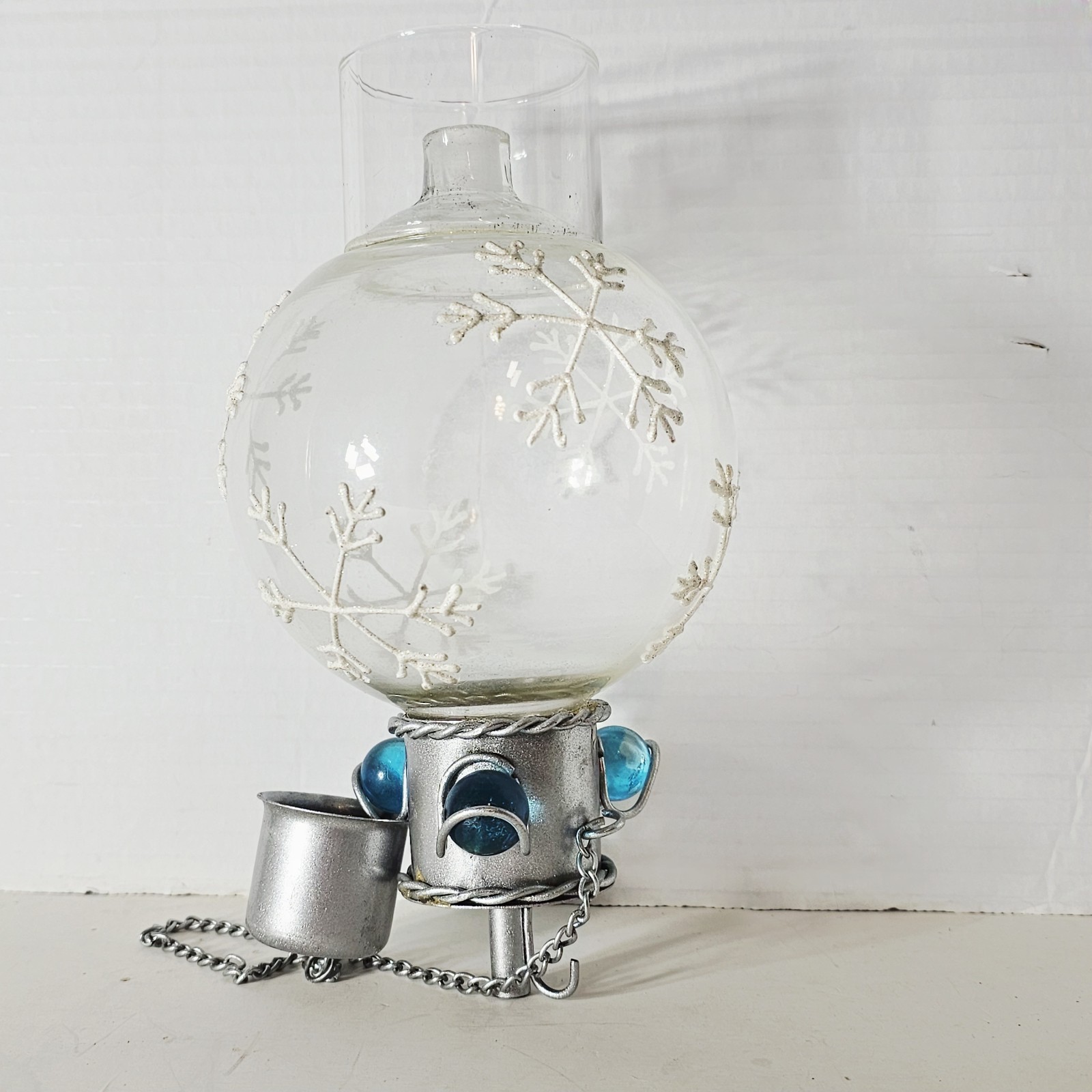 Glass Oil Lamp Hanging Clear With  Snowflakes Blue Marbles 5" Diameter