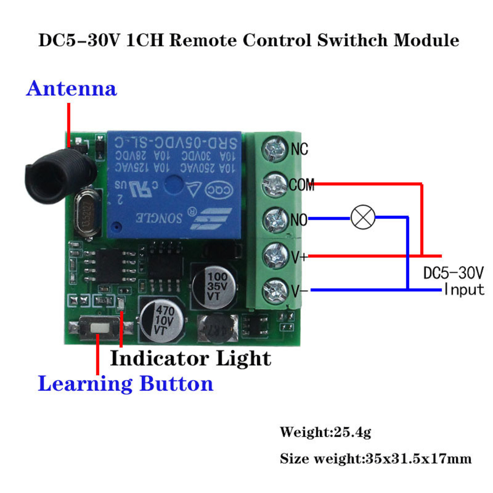 433Mhz 5V-30V 1CH Universal Wireless Remote Control Switch Relay Receiver Module