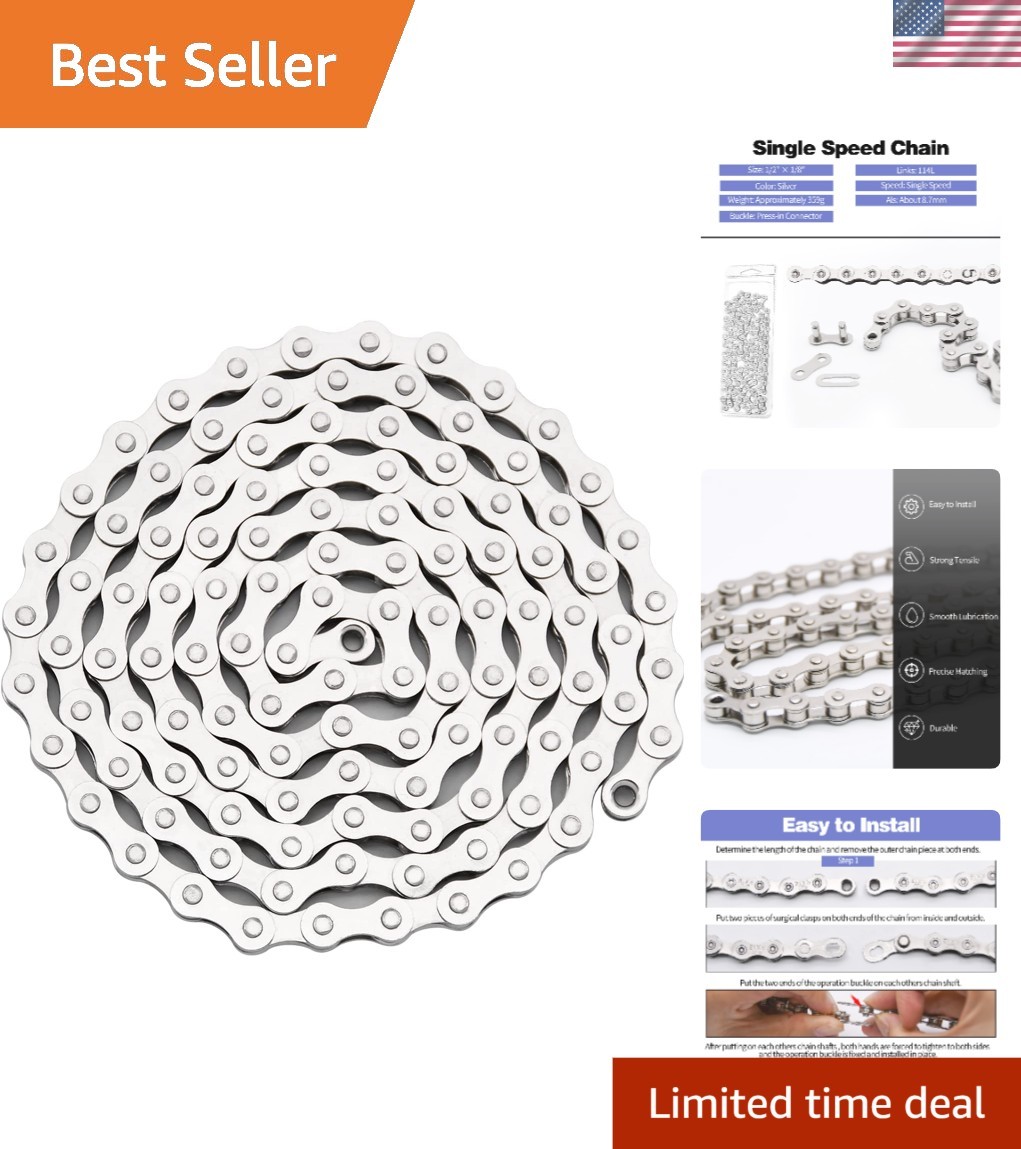 Single Speed Bike Chain - 114 Links, Silver, Custom Length Adjustability