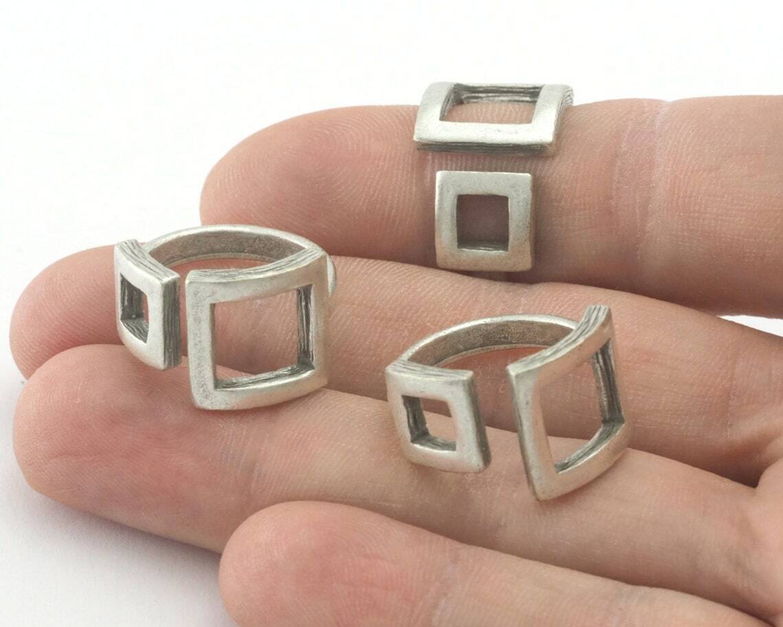 Square Frames Adjustable Statement Ring Antique silver plated brass 6-8US 4347