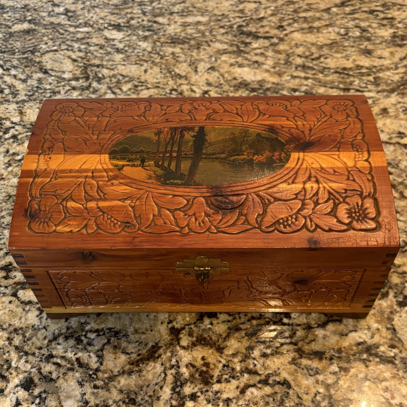 Jewelry/Trinket Box Vintage Wooden w/Carved Floral, Decoupage, 1930’s