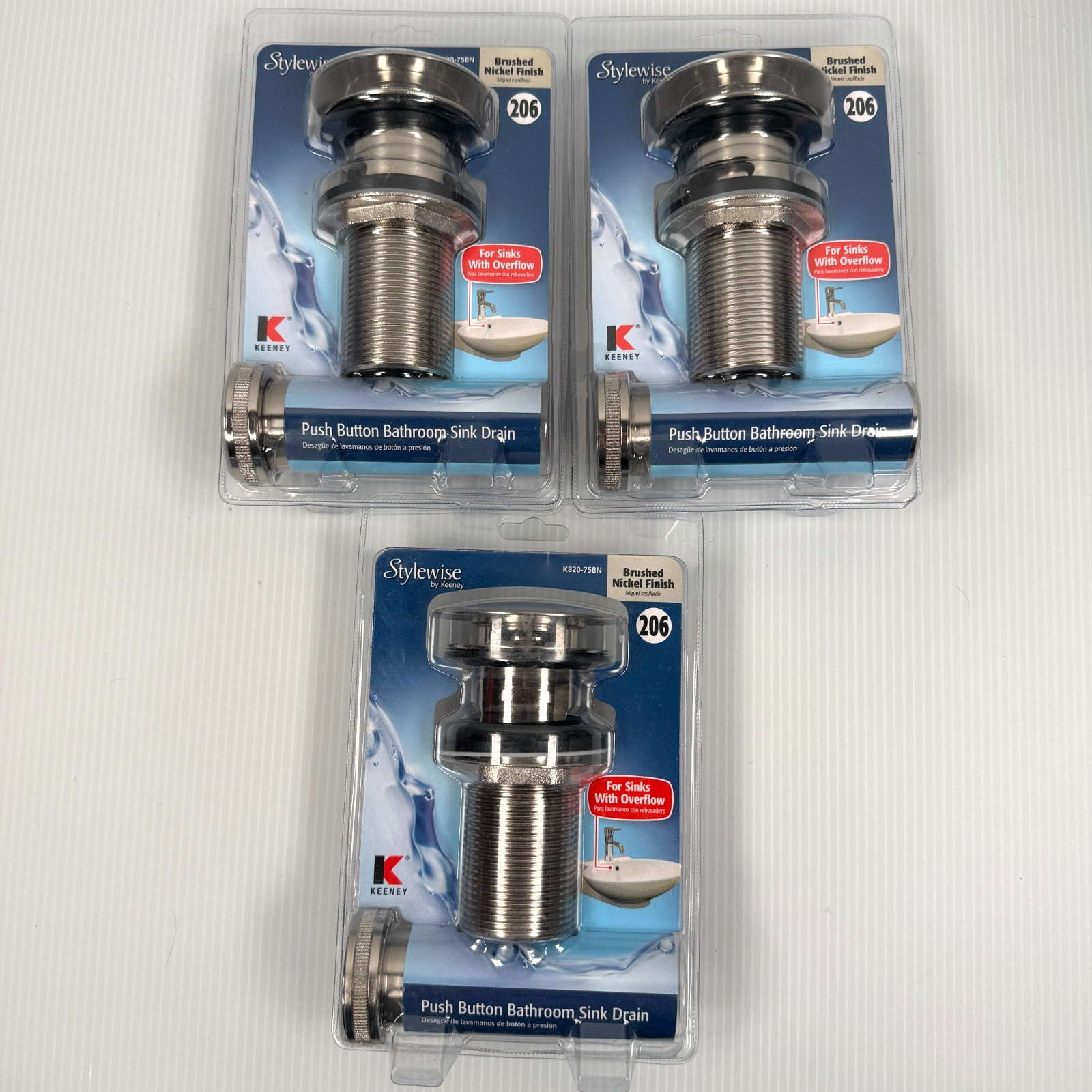 Lot 3 Keeney Push Button Sink Drain 206 Bathroom Brushed Nickel WITH OVERFLOW