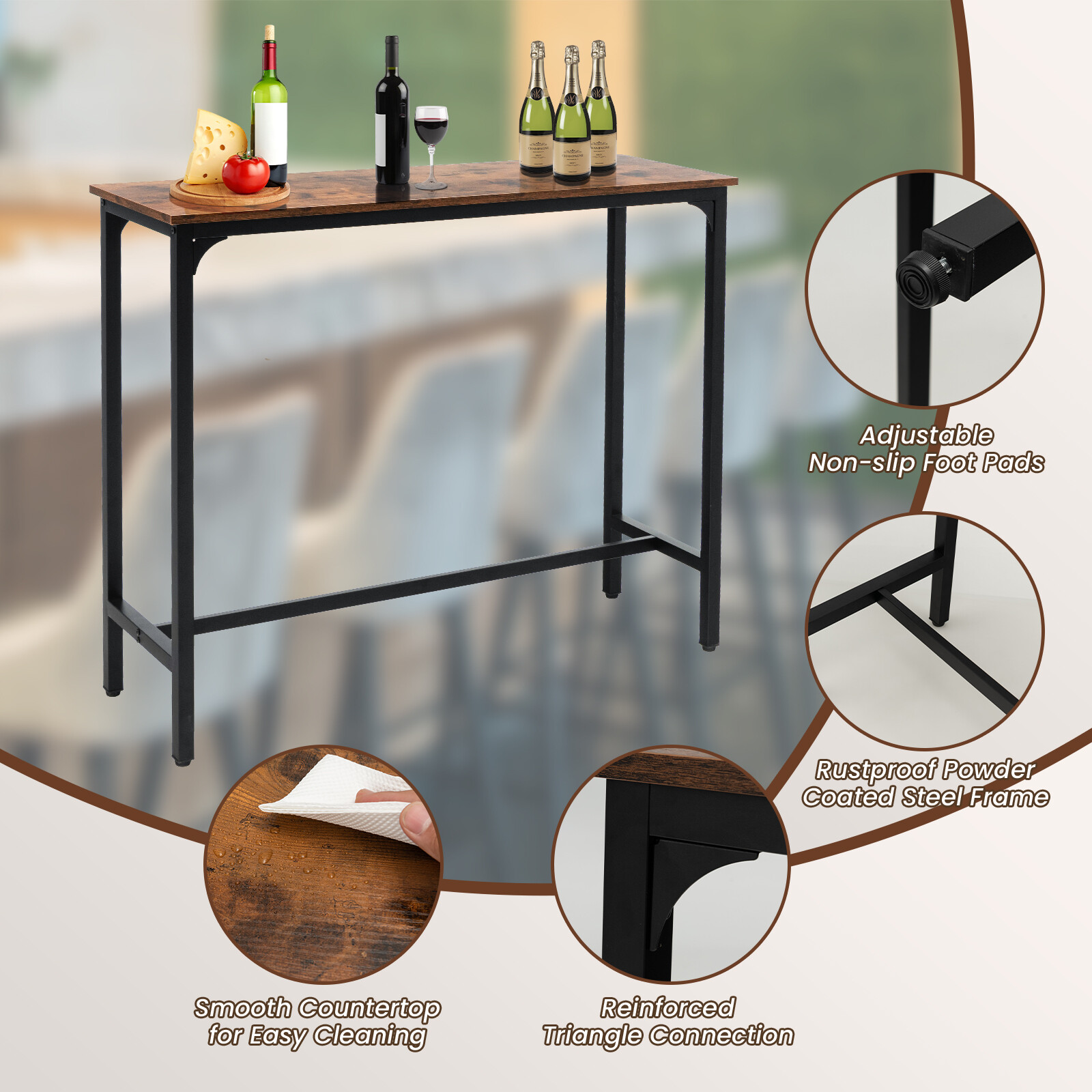 48" Industrial Pub Dining Table High Writing Computer Table with Steel Frame