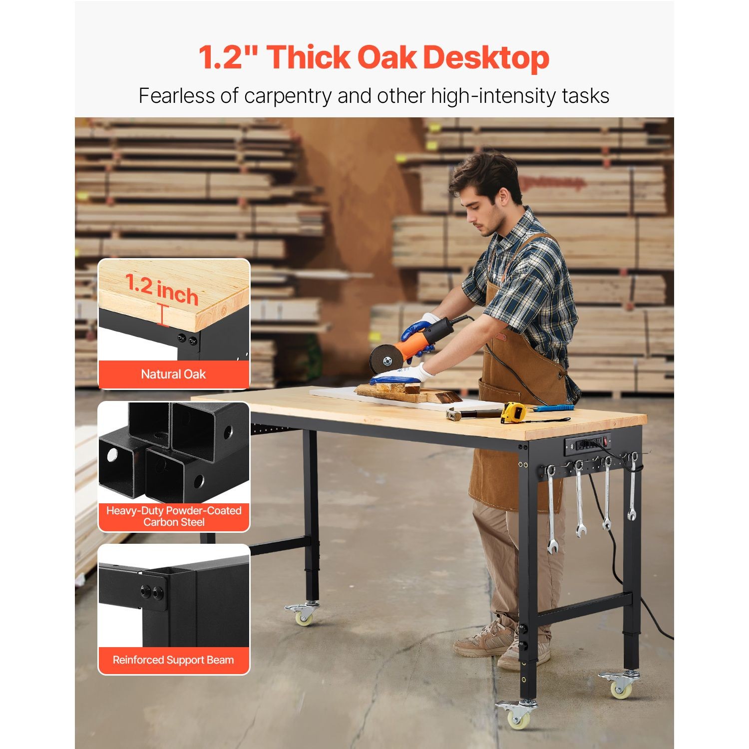 60in Adjustable Workbench 28-39.5in Oak Top 2000lb