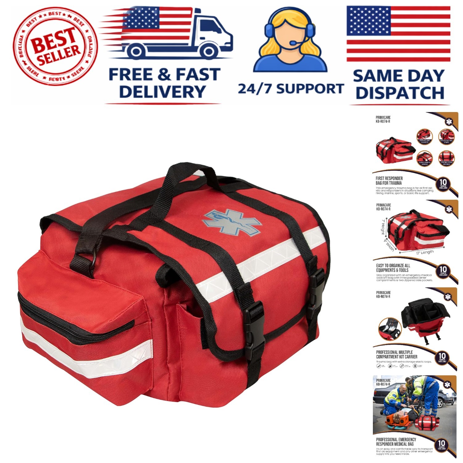 Compact 17" Red EMT Medical Supply Bag - Reflective & Padded Design for Safety