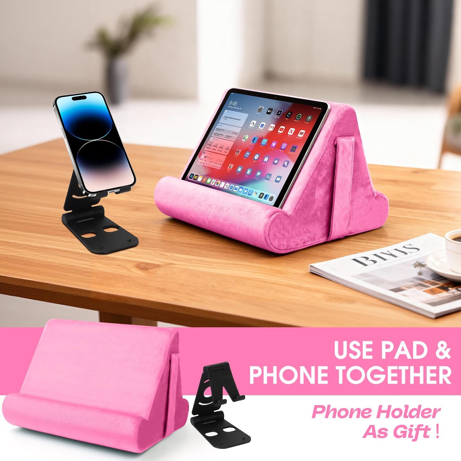 Universal Multi-Angle Tablet Holder - Soft Pad Stand with Net Pocket & Phone ...