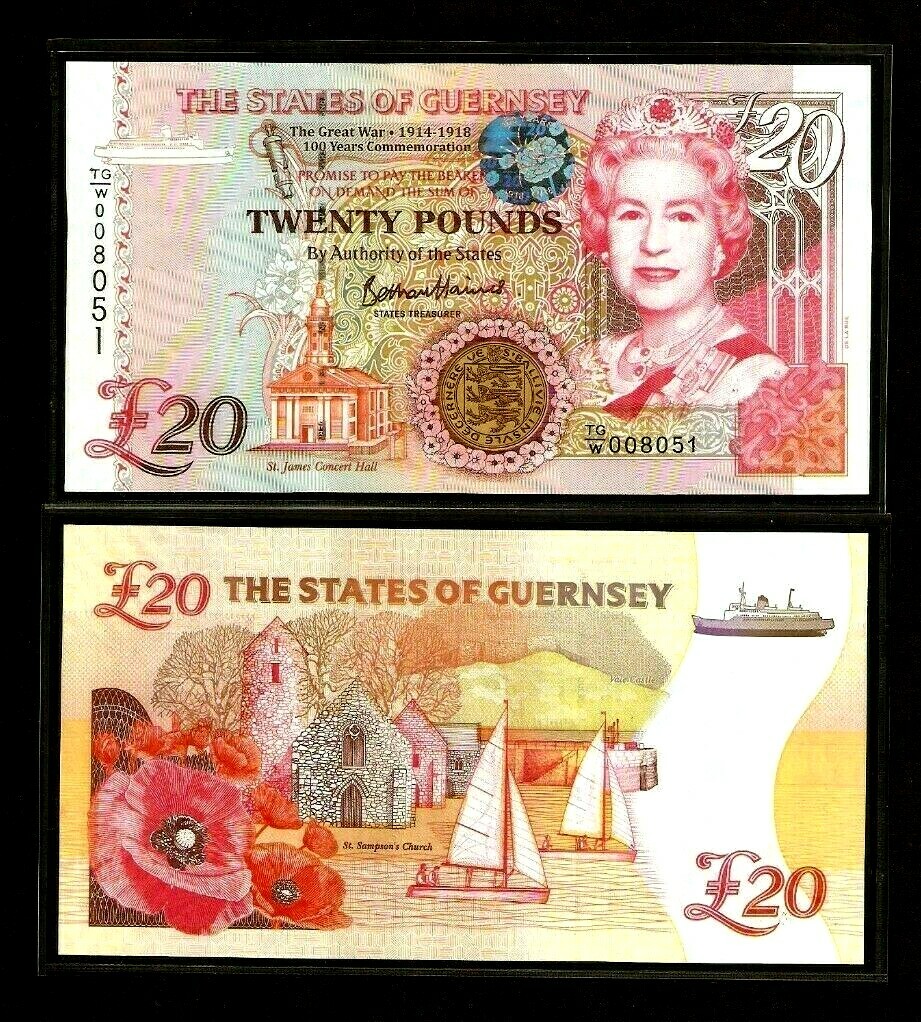 GUERNSEY 20 Pounds 2018 P-63 Commemorative UNC Queen Low Serial # WWI 1914-1918