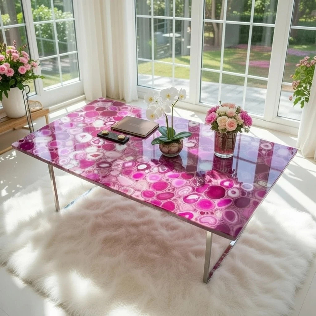 Pink Agate Dining Table Top | Natural Agate Stone Table Top | Luxury Crystal Top