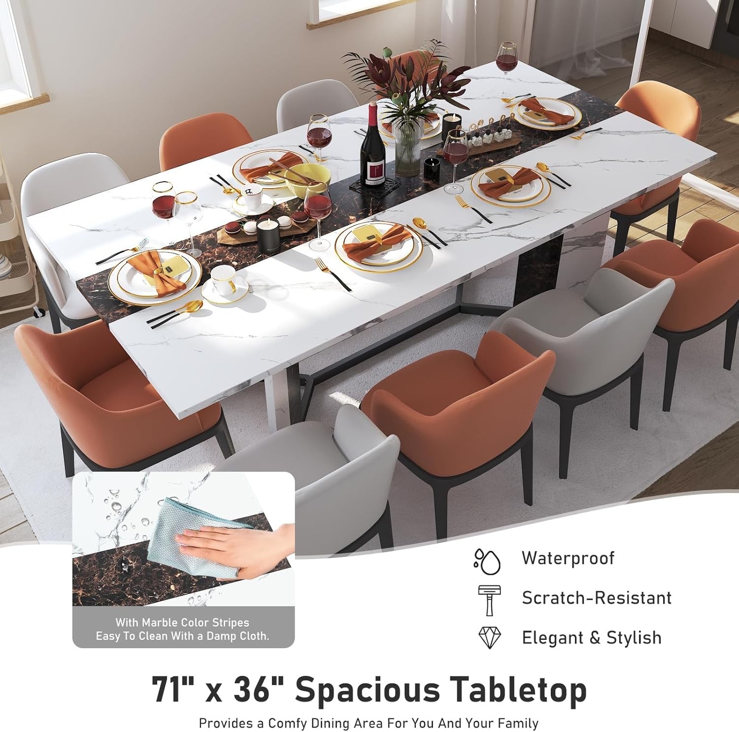 70Inch Large Dining Table for 4 6 People,Wooden Rectangular Kitchen Table W/Wate
