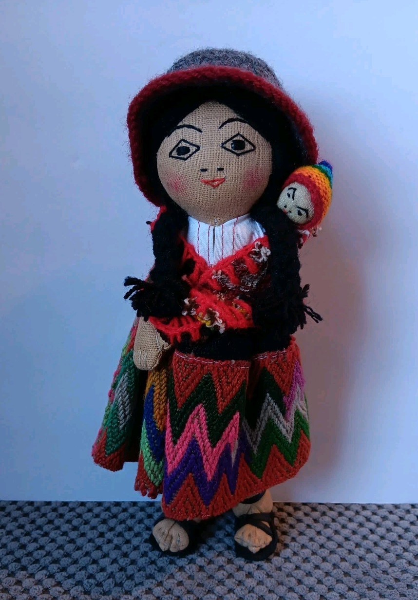Vintage Handmade Peruvian Doll, Mother, Baby Detailed Shoes, Colorful Wool Dress