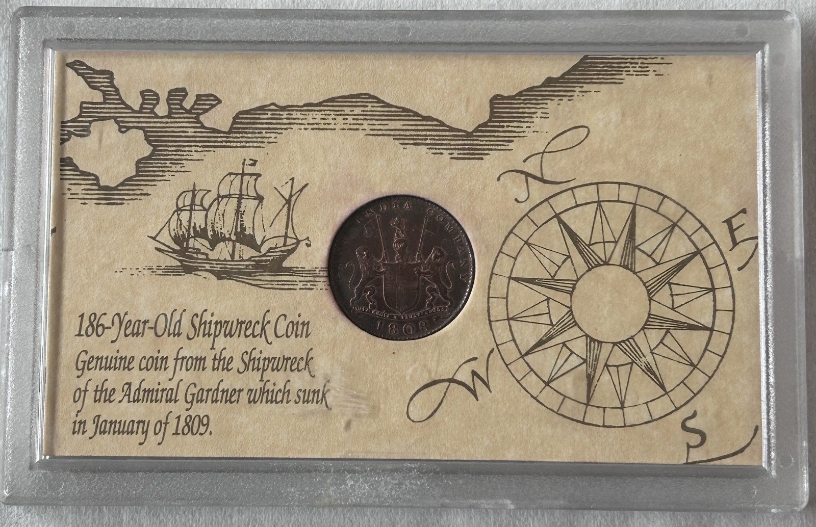 1809 ADMIRAL GARDNER SHIPWRECK GENUINE COIN DATED 1808 IN HOLDER