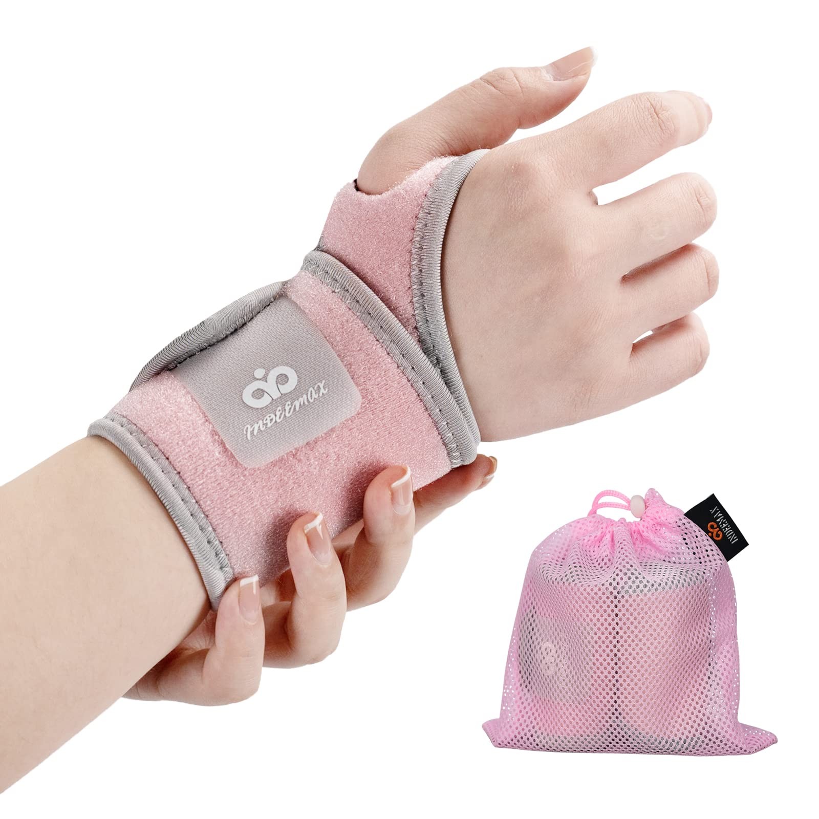 INDEEMAX Wrist Wraps 2 Pack Adjustable Copper Brace Support Pink Pain Relief