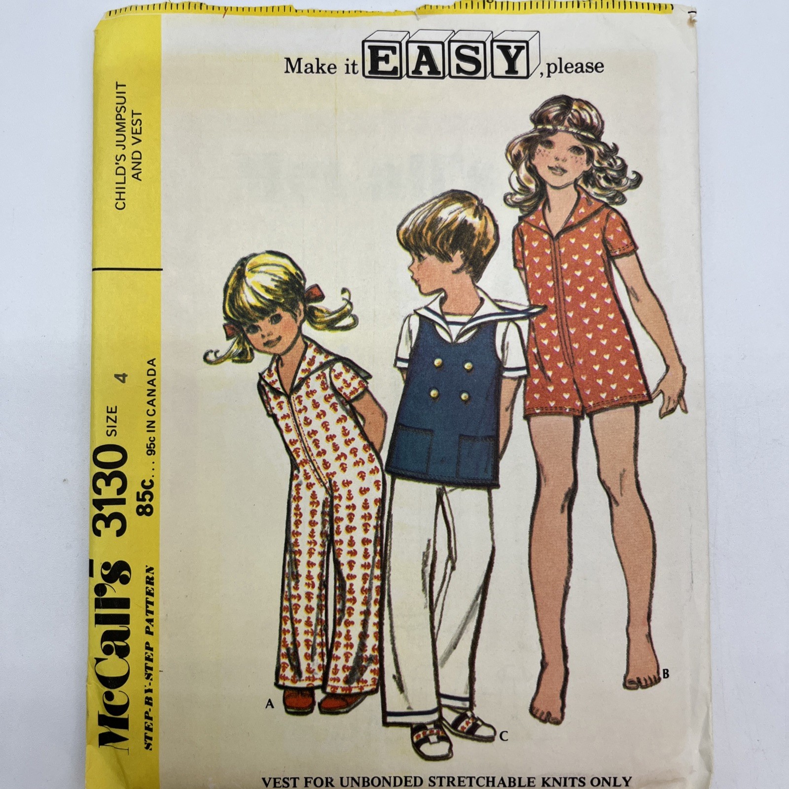 McCall’s 3130 Child’s Vest & Jumpsuit In 2 Lengths Size 4 Vintage 1972 Uncut