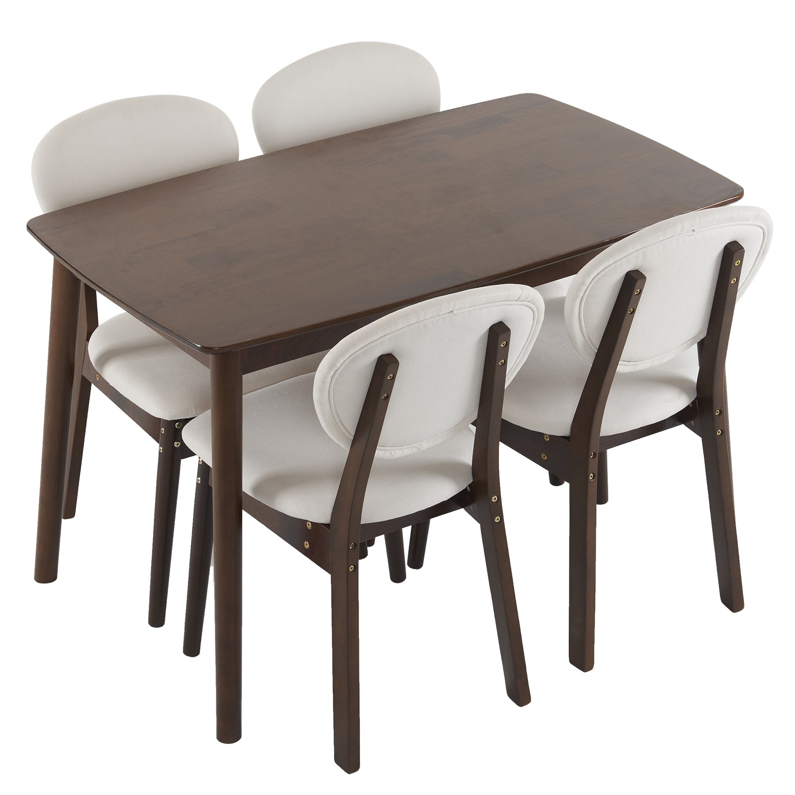 5pc Solid Wood Dining Set Deep Walnut Table & 4 Beige Padded Chairs Space-Saving