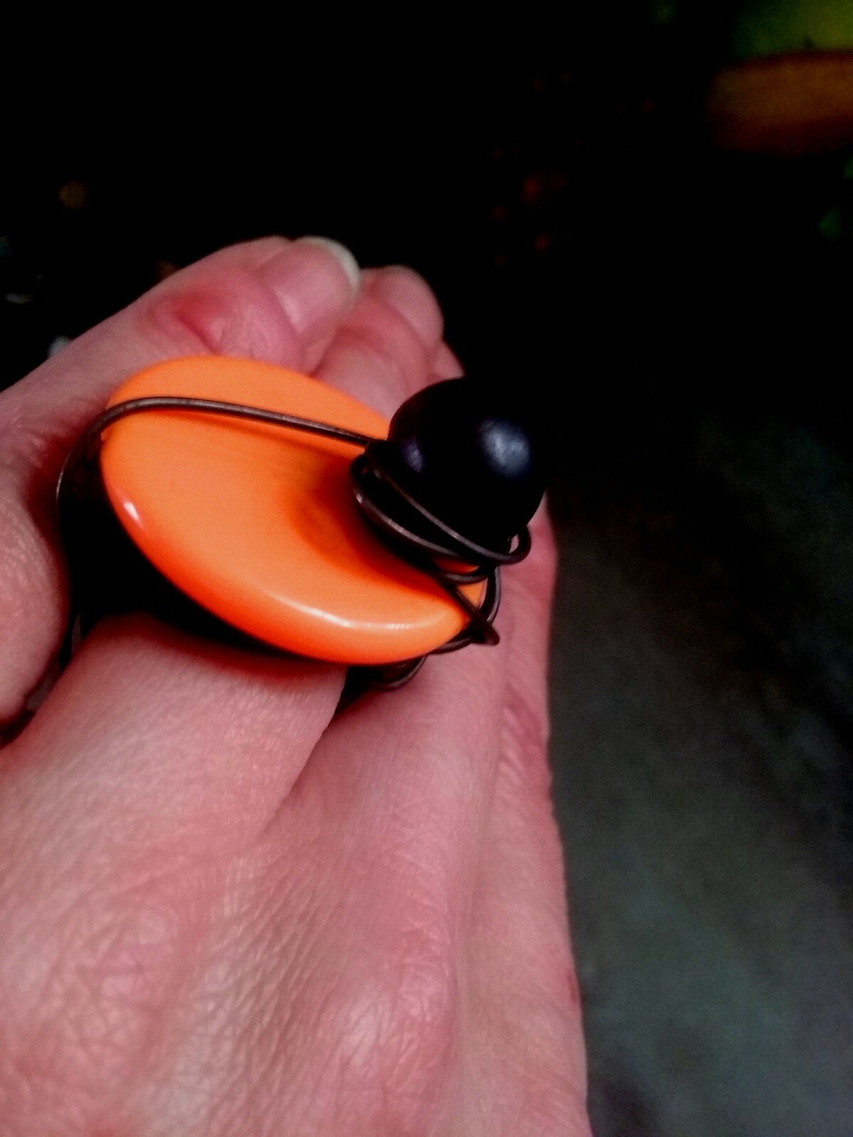 Large Wire Wrapped Statement Ring, Orange Disc with Ball Charm, Size 8, NEW