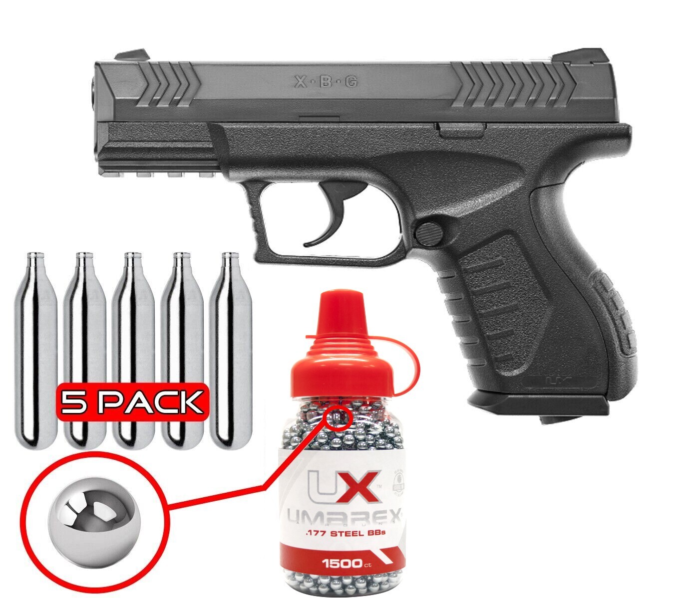 Umarex XBG .177 Cal Air Pistol CO2 BB Gun 4.5mm w/ BB Jug & CO2 Bundle (2254804)