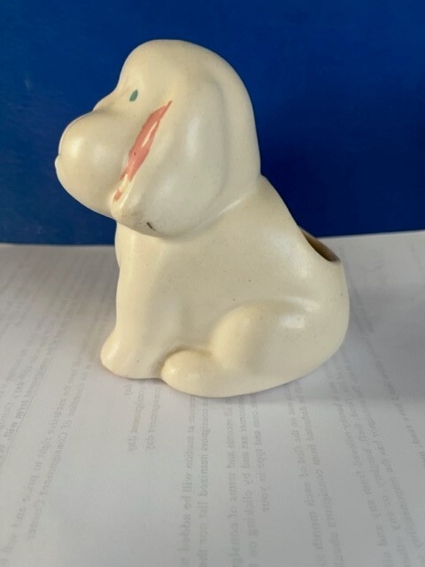 Antique Pure Plain Solid White Pottery Sitting Cute Puppy Dog Small 4" Planter