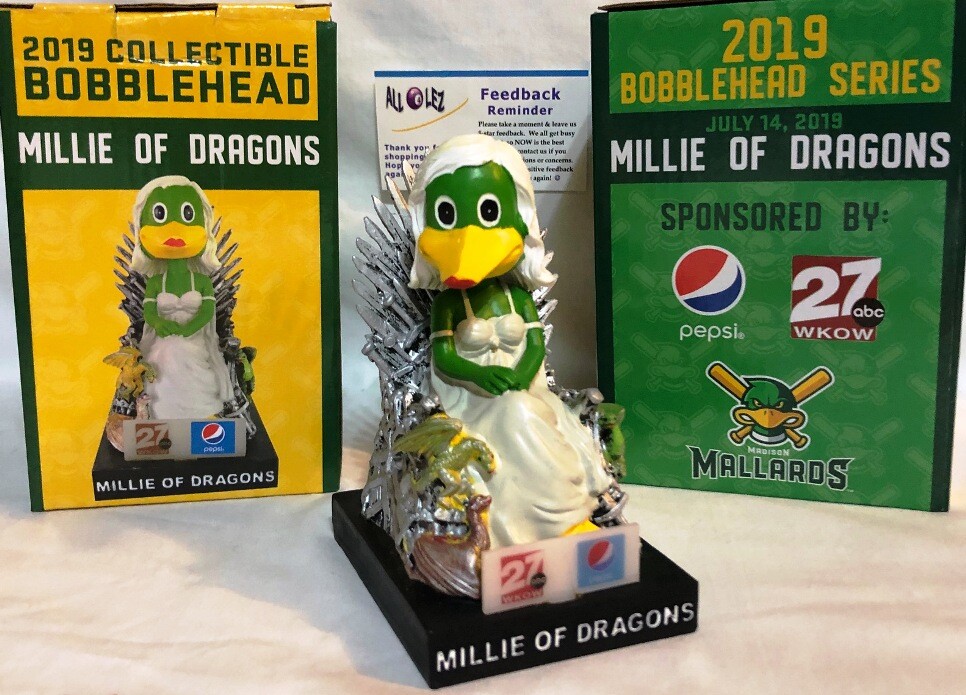 2019 MADISON MALLARDS "MILLIE of DRAGONS" GAME of THRONES GOT SGA BOBBLEHEAD NIB