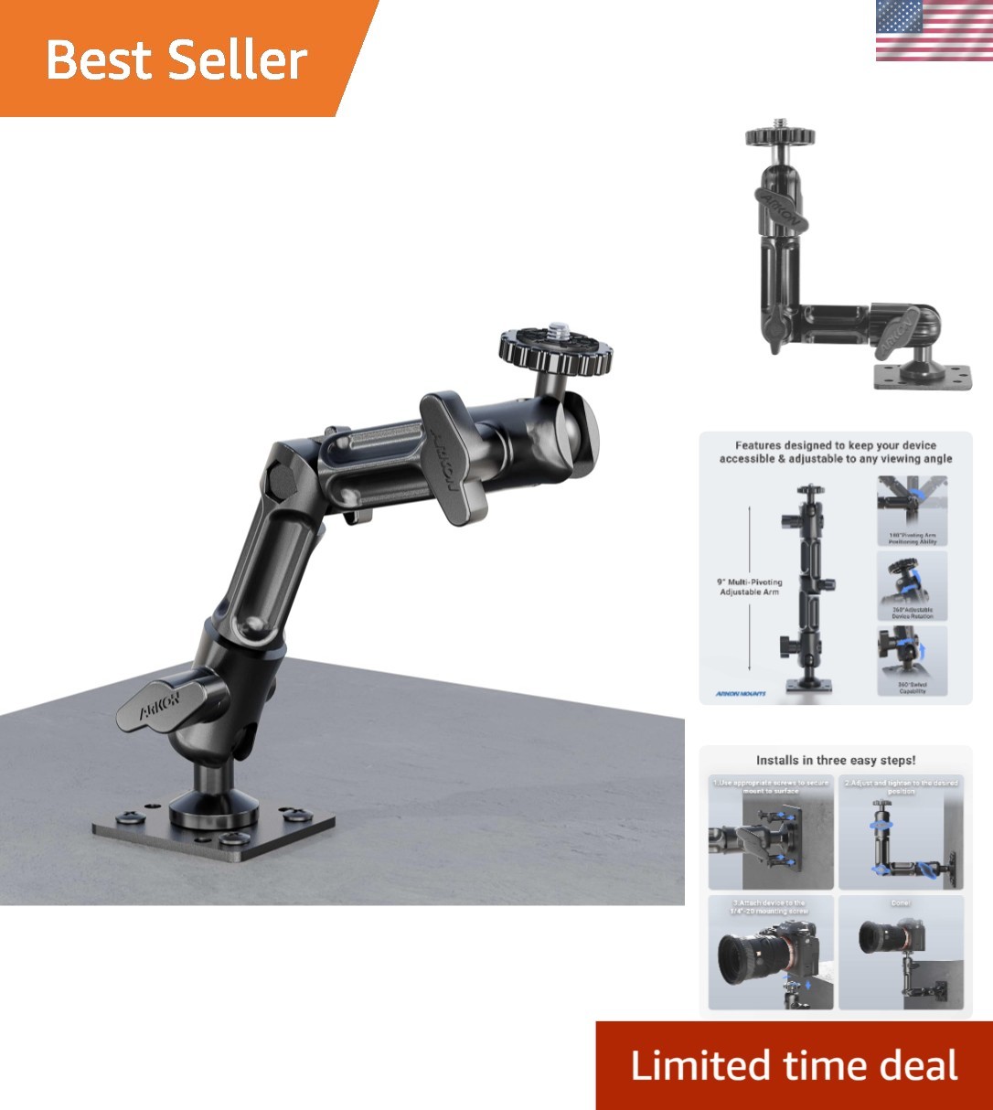 Heavy-Duty Camera Wall Mount with Flexible Adjustments - 180-Degree Rotation