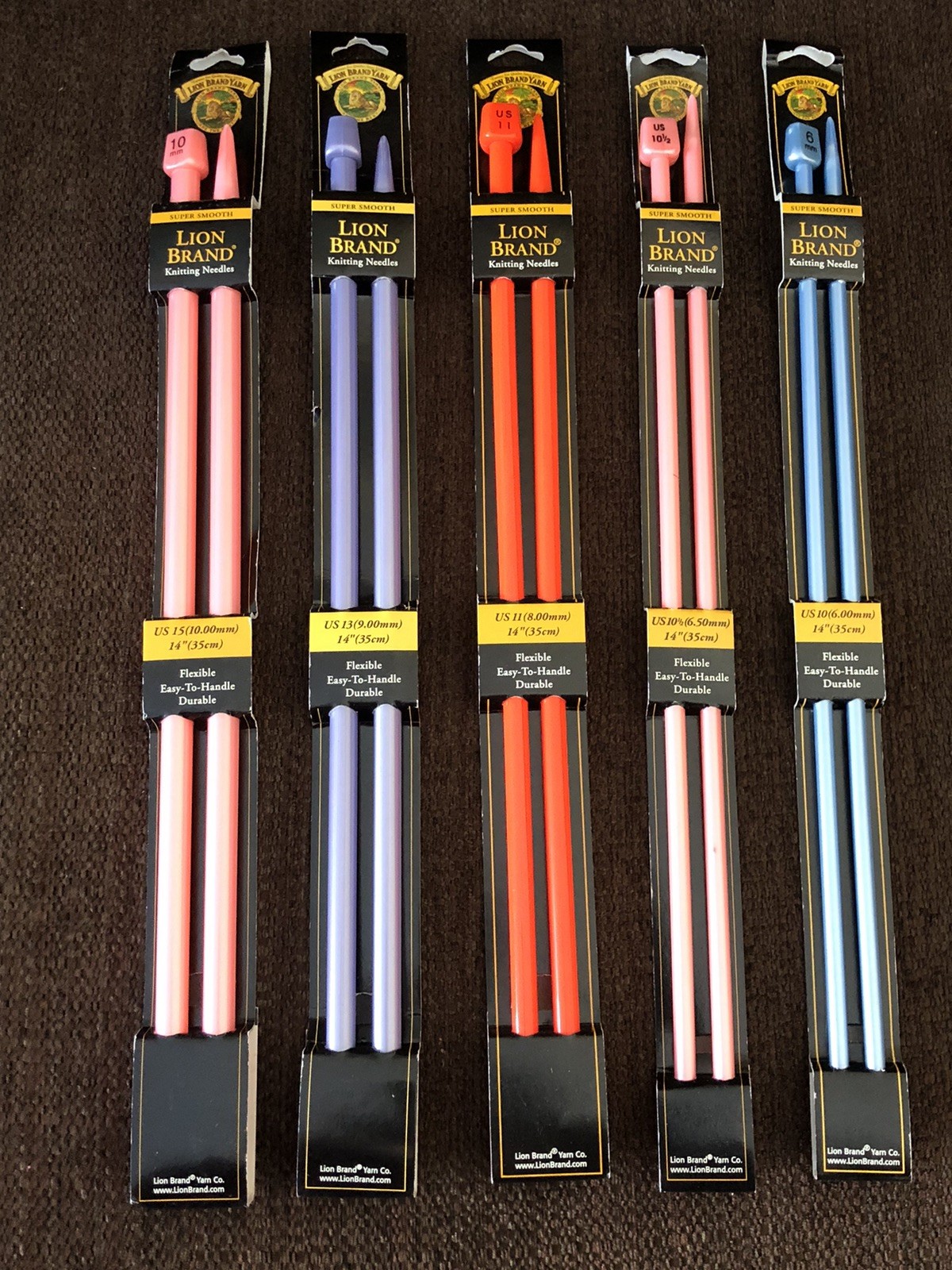 5 Knitting Needles Lion Brand 15 - 13 - 11 - 10.5 - 10 Plastic New