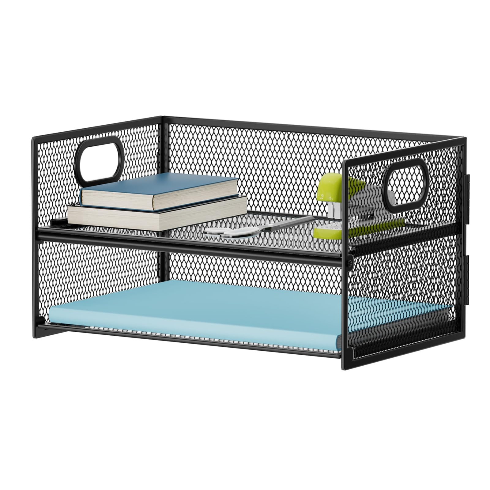 2 Tier Paper Organizer Letter Tray, Mesh File Organizer with Handle, Paper So...