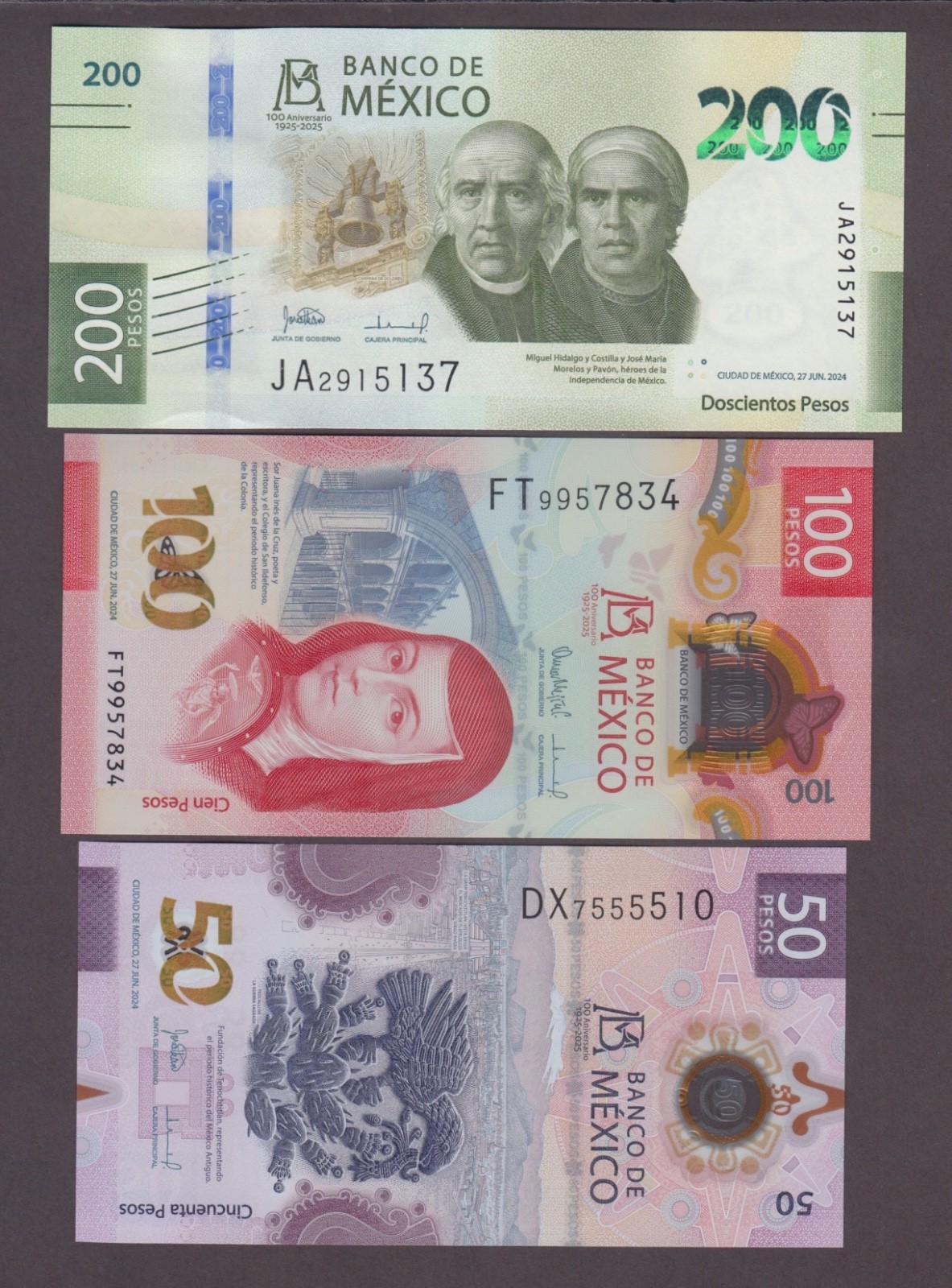 MEXICO P.NEW SHORT SET 50-100-200- PESOS 2024 BAN. DE MEXIC0 COMMEMORATIVE  UNC