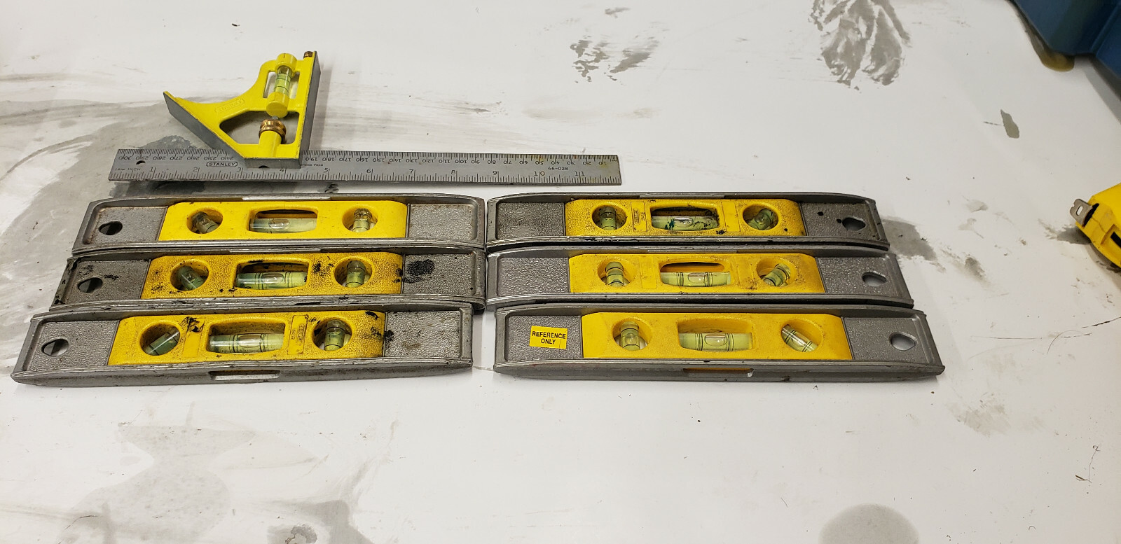 GROUP LOT- Stanley Layout Levels & Sliding Square Tools.  shelf z2 in bag