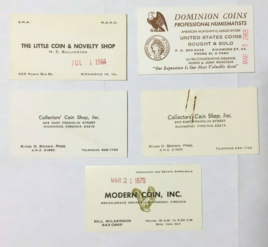 5 VINTAGE BUSINESS CARDS FROM RICHMOND, VIRGINIA (VA) COIN SHOPS