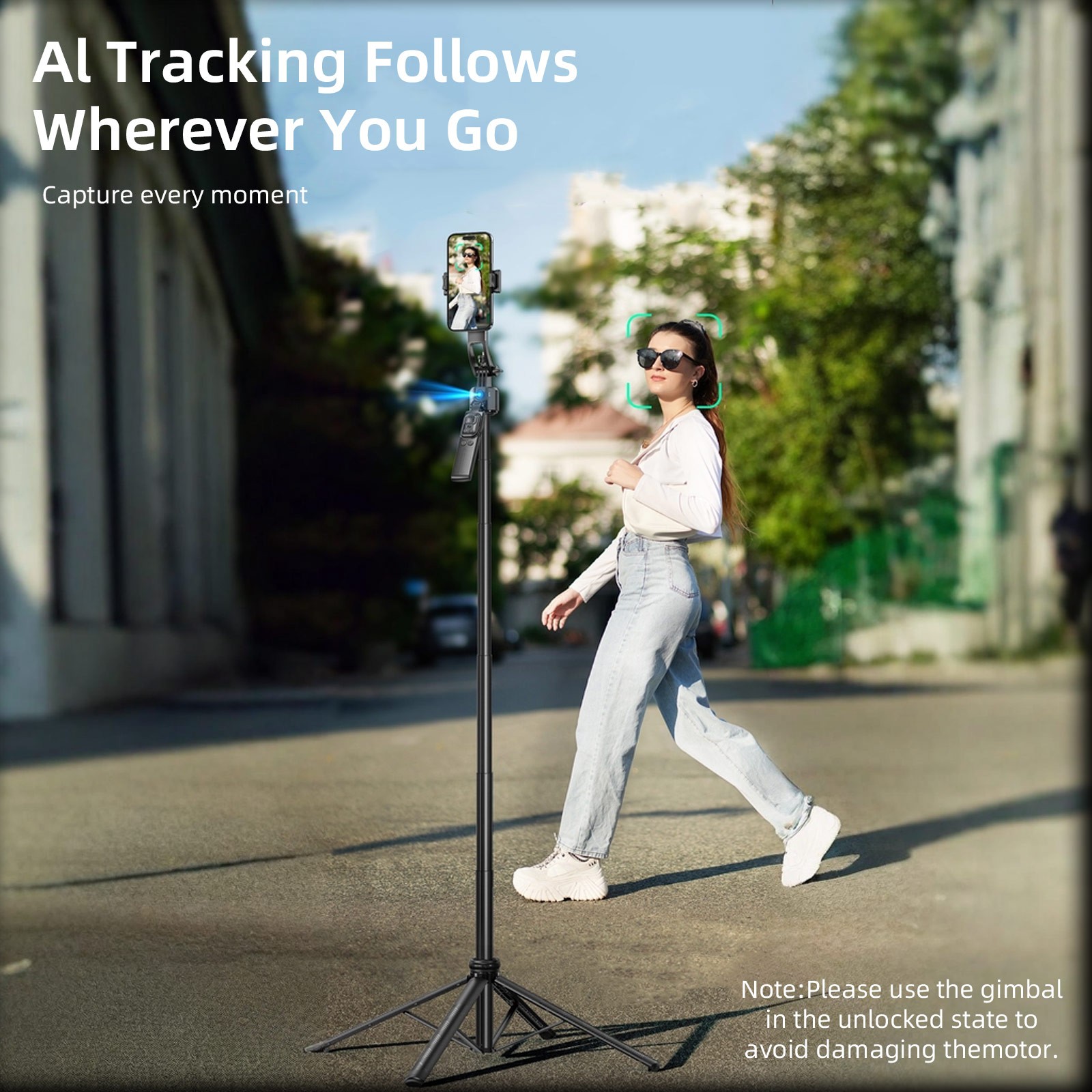 64'' Selfie Stick AI Face Tracking Tripod 360° Rotation Remote & Gesture Control