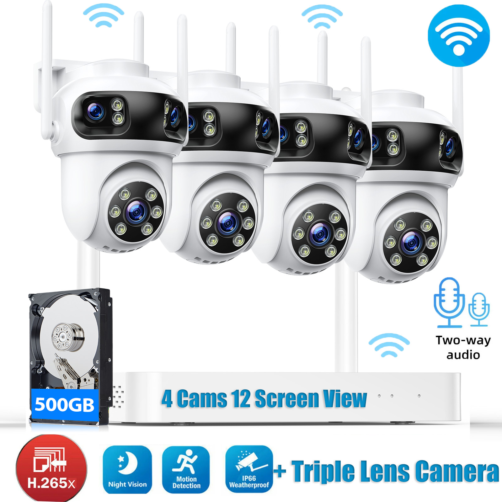 4 Camera Wireless Security System Triple Lens 3K Outdoor Cam Auto Tracking WiFi
