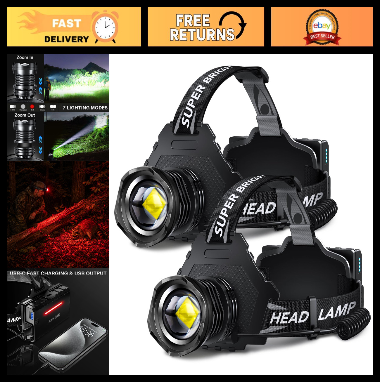 Super Bright Rechargeable LED Headlamp - 99000 Lumens, Zoomable, 12 Modes, Water